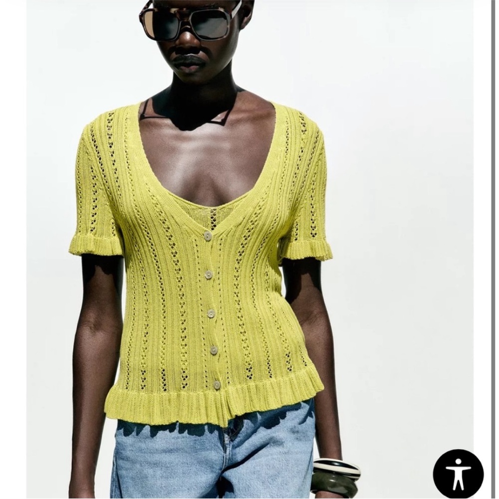 Zara Lime Green Pointelle Ruffled Knit Cardigan and Top Set